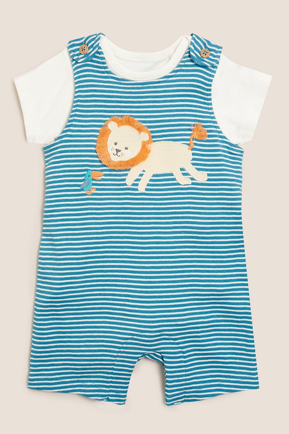 Marks & Spencer, Set de salopeta scurta si body din bumbac cu imprimeu, 2 piese, Albastru inchis/Alb