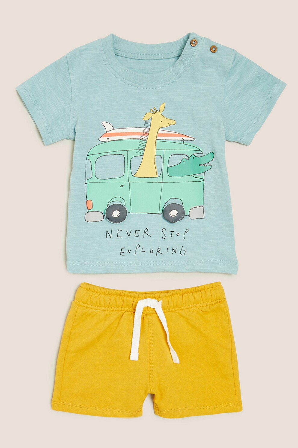 Marks & Spencer, Set de tricou si pantaloni scurti cu imprimeu, 2 piese, Albastru prafuit/Galben sofran