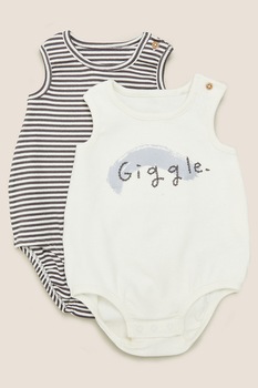 Marks & Spencer, Set de body-uri cu imprimeu, 2 piese, baieti, Gri inchis/Alb Marks & Spencer, Set de body-uri cu imprimeu, 2 piese, baieti, Gri inchis/Alb