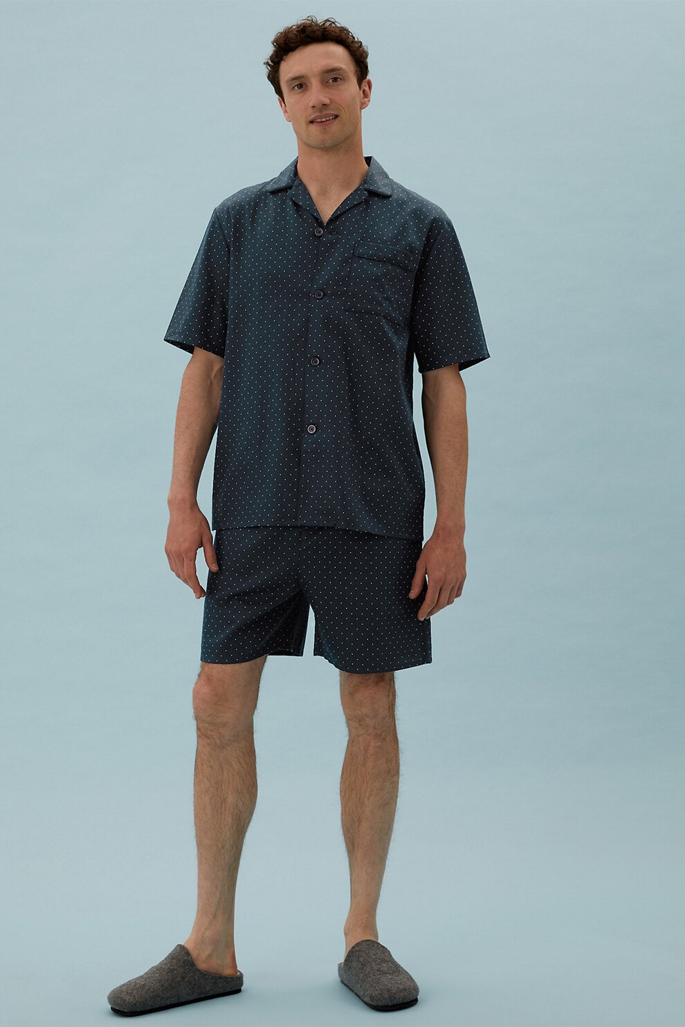 Marks & Spencer, Pijama scurta din bumbac cu model cu buline, Bleumarin inchis, M