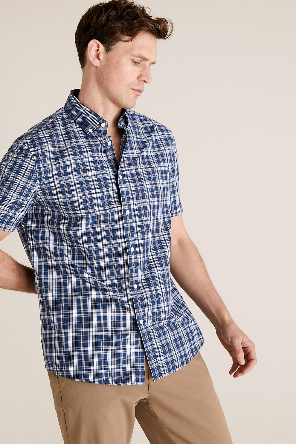 Marks & Spencer, Camasa cu model in carouri si guler fixat cu nasturi, Bleumarin/Alb