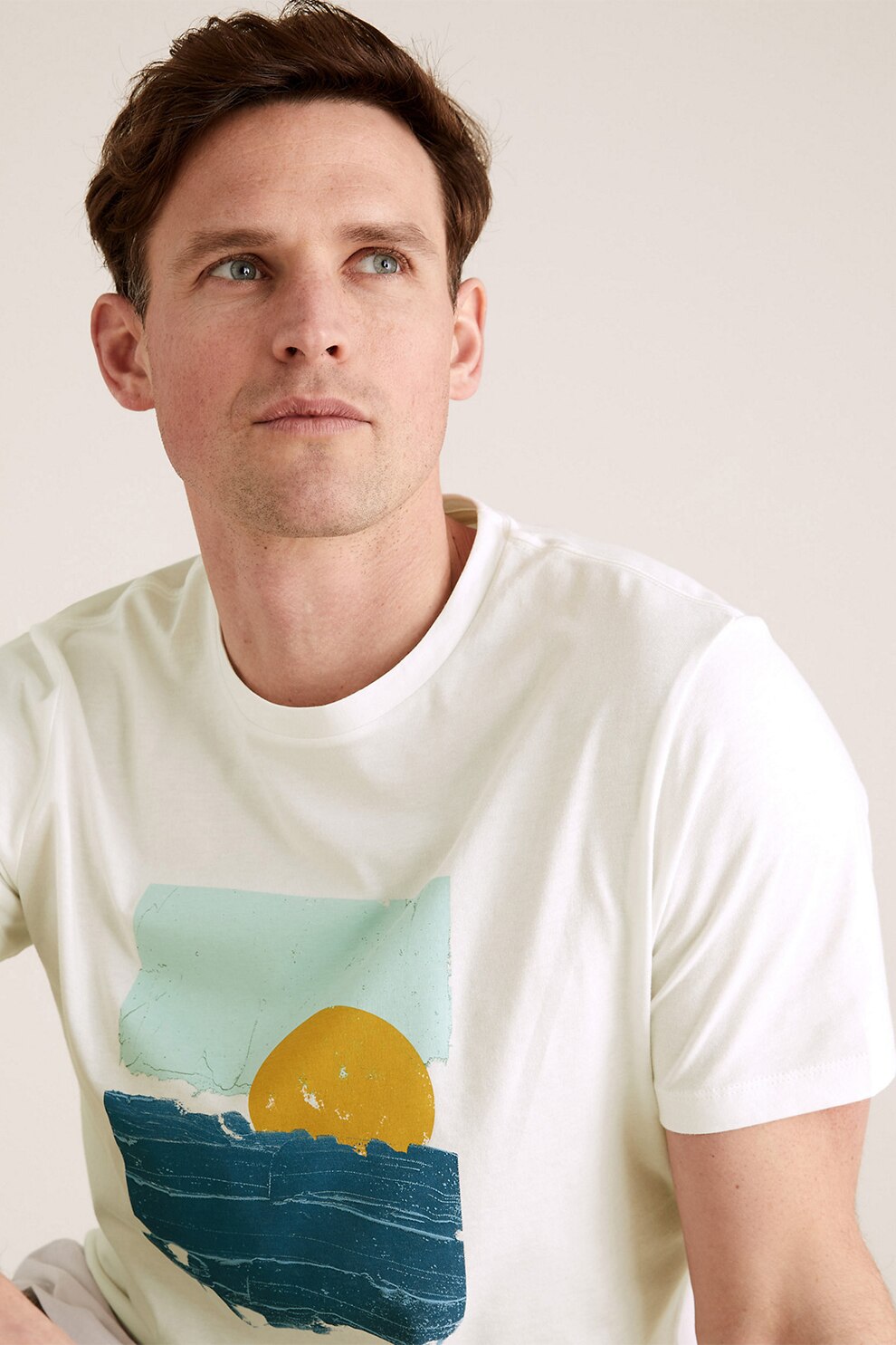 Marks & Spencer, Tricou din bumbac cu model grafic, Alb prafuit/albastru/verde ocru, XL