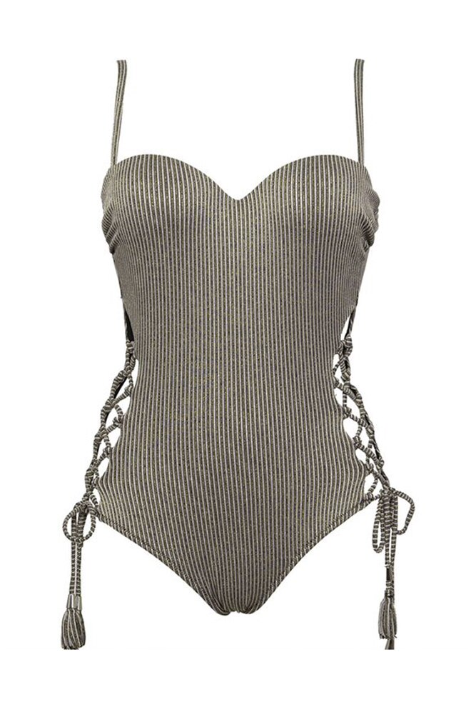 Costum de baie intreg modelator cu decupaj in laterale, model de lux balconette RX52 Imprimeu Stralucitor, Bej