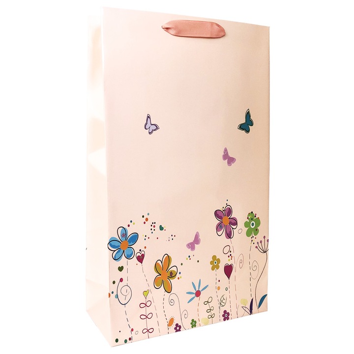 Set 5 pungi cadou model floricele, 23x38x10 cm, manere din panglica textila cu capete de plastic transparente, plastifiere lucioasa