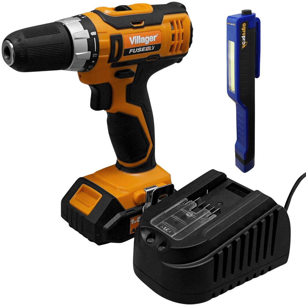 Set masina de gaurit/insurubat Villager VLN 3220-1BCB, turatie 1300 rpm, 35 Nm, mandrina 10 mm, baterie 1.5 Ah, incarcator 1.65 A, 1 x lanterna LED magnetica