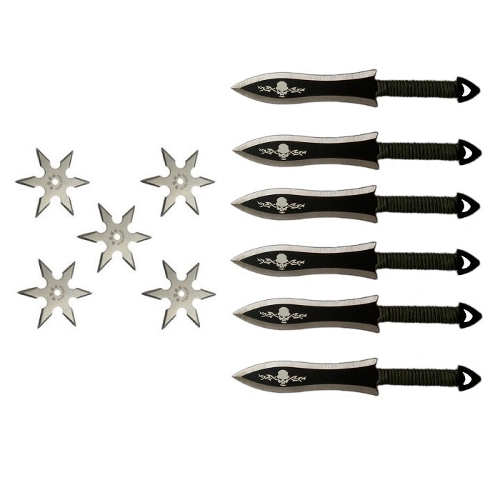 Set format din Set 6 cutite de aruncat la tinta, paracord kaki, husa cu prindere pe picior si 5 stelute cu 6 colturi
