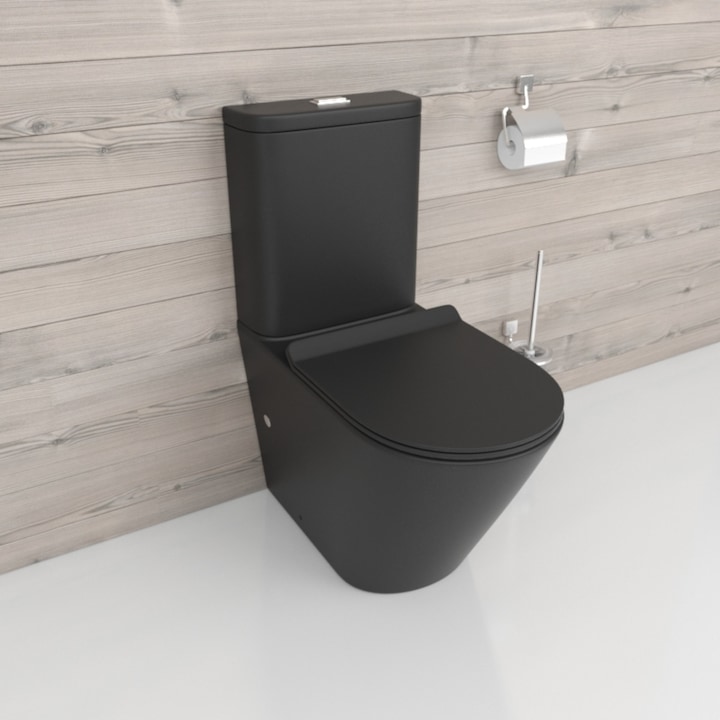 Ego Dario keret nélküli WC-csésze, tartály mellékelve, 2 db, matt fekete, 64,2x38cm, padlóra szerelhető, duroplast vékony, puha zárású fedél mellékelve