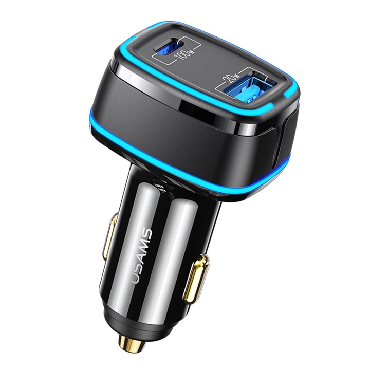 Autós töltő Usams Type-C PD 100 W, USB 20 W, Fekete