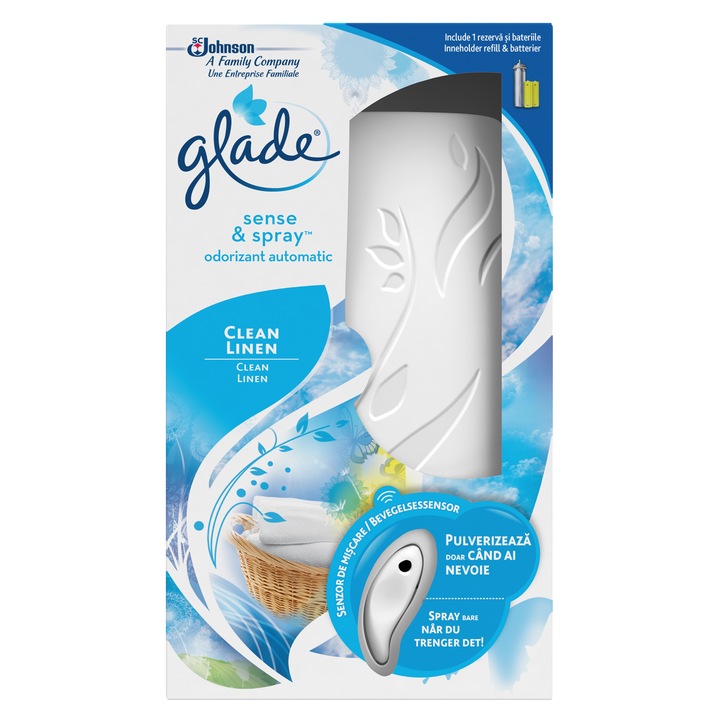 Автоматичен ароматизатор за стая Glade Sense & Спрей Clean Linen, Със сензор за движение, 18 мл