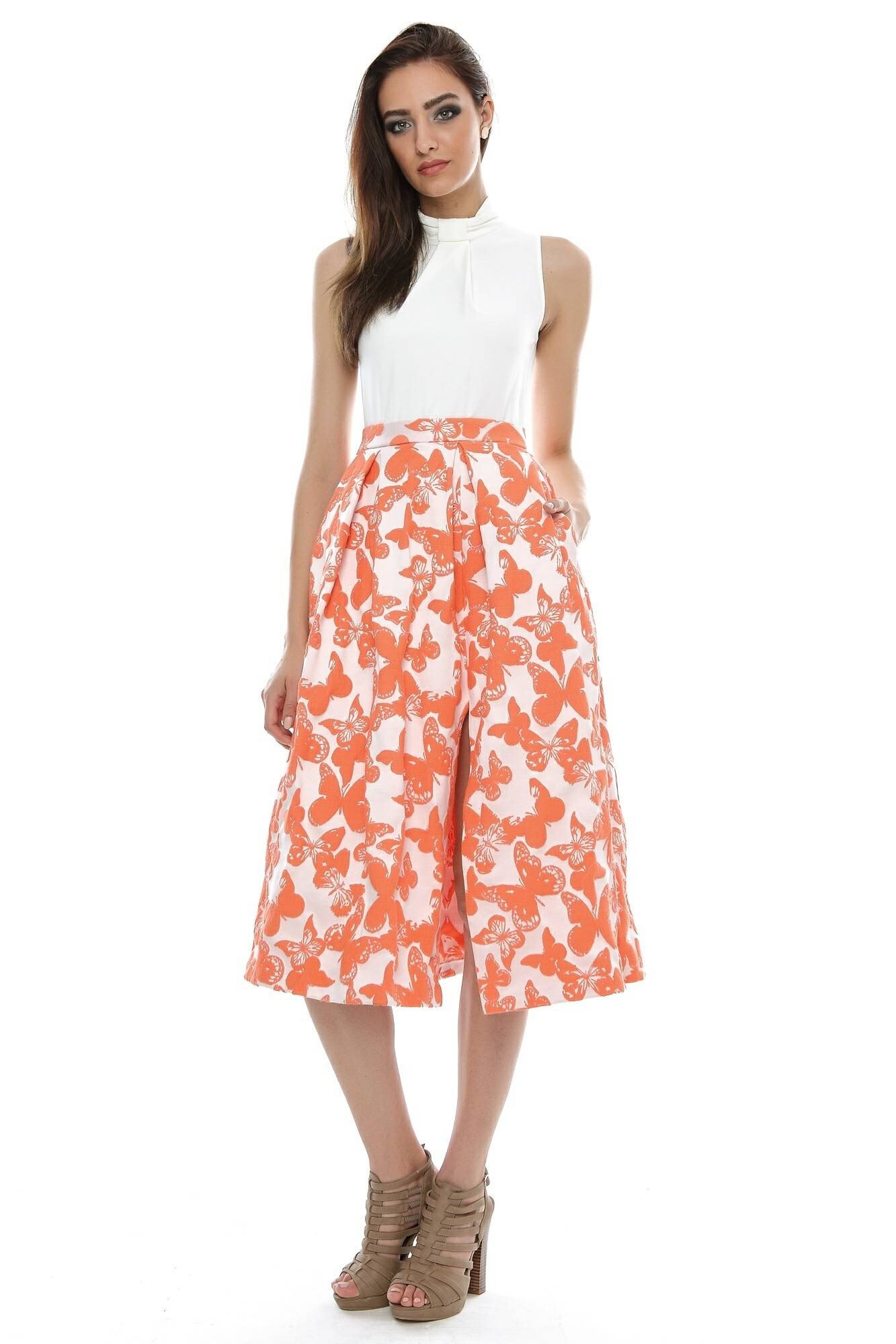 Rochie crem, ROH, cu fusta cu imprimeu floral portocaliu, 44