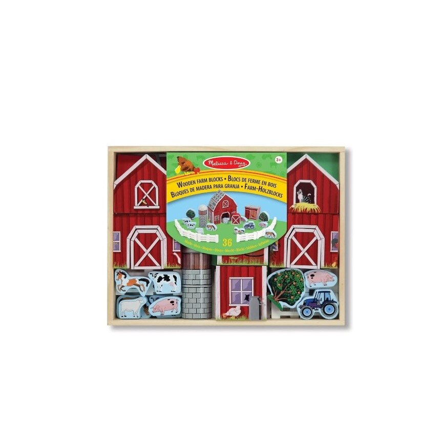 Cuburi de construit din lemn, Ferma cu animale, Melissa & Doug, 36 piese, Multicolor