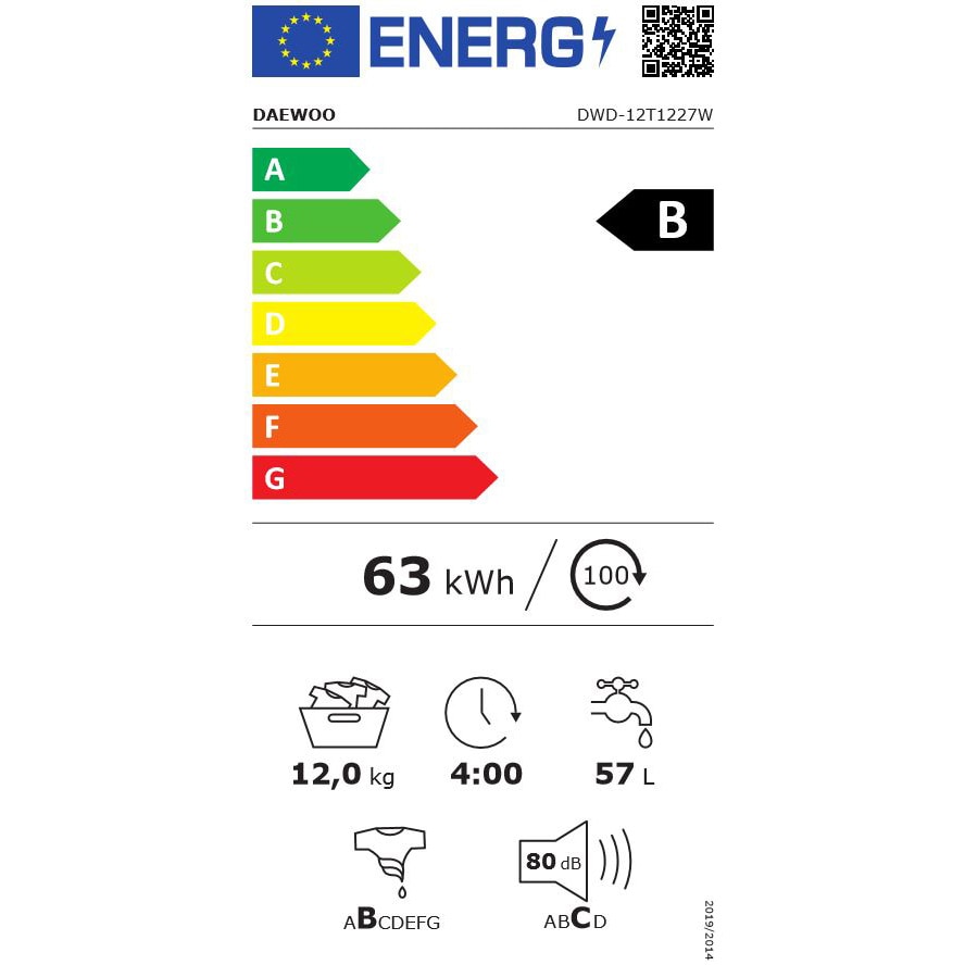 Masina de spalat rufe Daewoo DWD-12T1227W, 12 kg, 1400 rpm, Clasa B, Motor Inverter, BigDoor, Alb