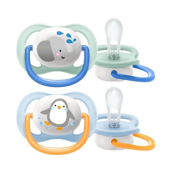 Set 2 suzete Philips-Avent SCF080/05, ultra air 0-6 luni, Ortodontice, fara BPA, Elefant / Pinguin
