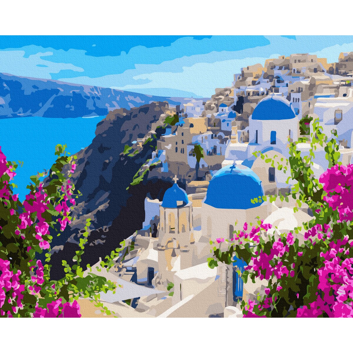 Set picturi pe numere, panza pe rama, Santorini, 50x65cm, culori acrilice, pensule, panza incadrata pe o rama de lemn
