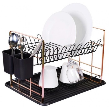 Suport de vase etajat cu tava din plastic si suport tacamuri Suport de vase etajat cu tava din plastic si suport tacamuri