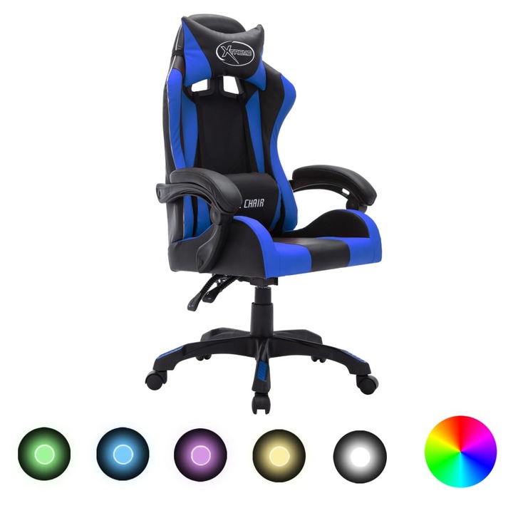 Scaun gaming, vidaXL, LED RGB, 64x65x111.5 cm, Piele ecologica, Albastru/Negru