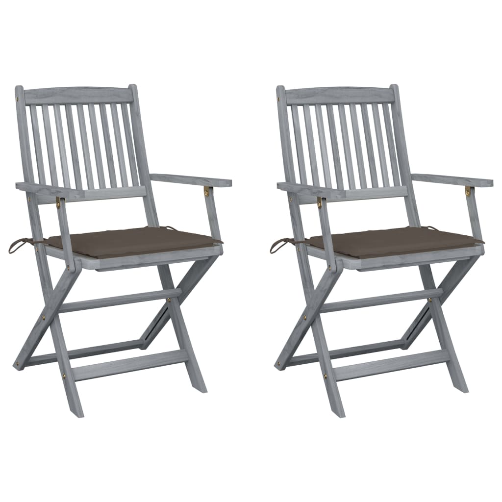 Set de 2 scaune pliabile de gradina-exterior, cu brate, vidaXL, Lemn de acacia, 54 x 57 x 91 cm, 4 cm, Gri