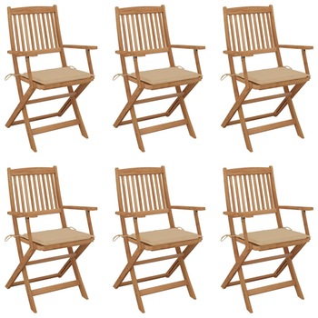 Set de 6 scaune pliabile de gradina cu perna din lemn masiv de acacia vidaXL, Lemn, 54 x 57 x 91 cm, Maro/Bej