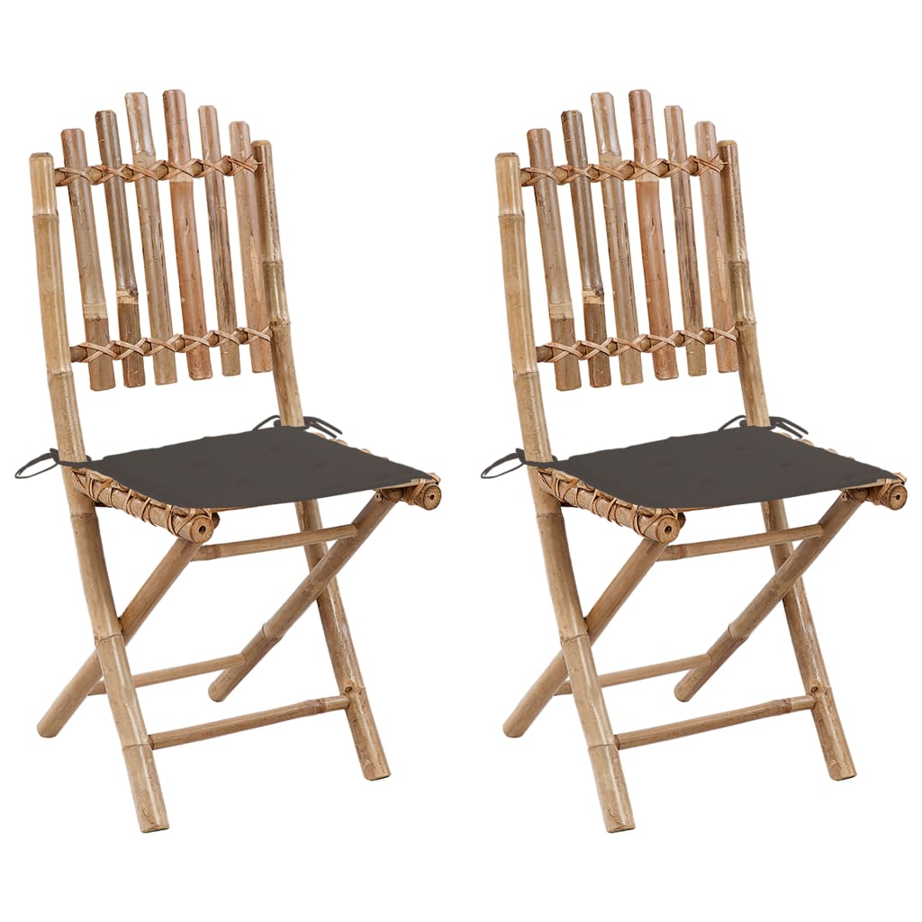 Set de 2 scaune pliabile de gradina, vidaXL, Bambus-textil, 50 x 42 x 92 cm, Maro-Perne gri taupe