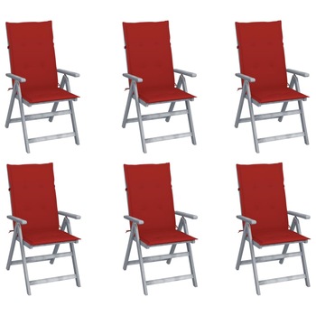 Set de 6 scaune rabatabile de gradina cu perne vidaXL, Lemn de acacia, 56 x 70 x 110 cm, perna 4 cm, Gri/Rosu vin Set de 6 scaune rabatabile de gradina cu perne vidaXL, Lemn de acacia, 56 x 70 x 110 cm, perna 4 cm, Gri/Rosu vin