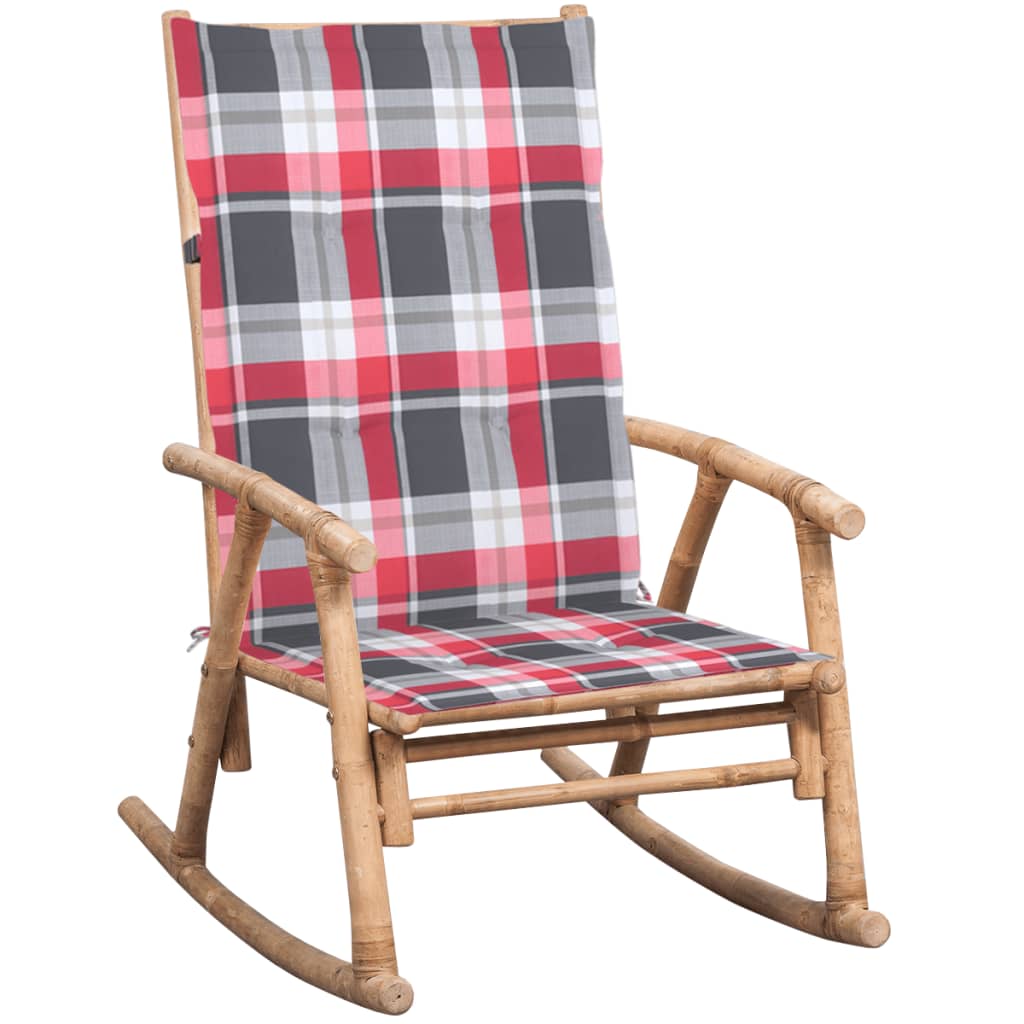 Scaun balansoar cu perna, vidaXL, Lemn de bambus-Poliester, 66 x 86 x 105 cm, 4 cm, Maro/perna Gri-Rosu