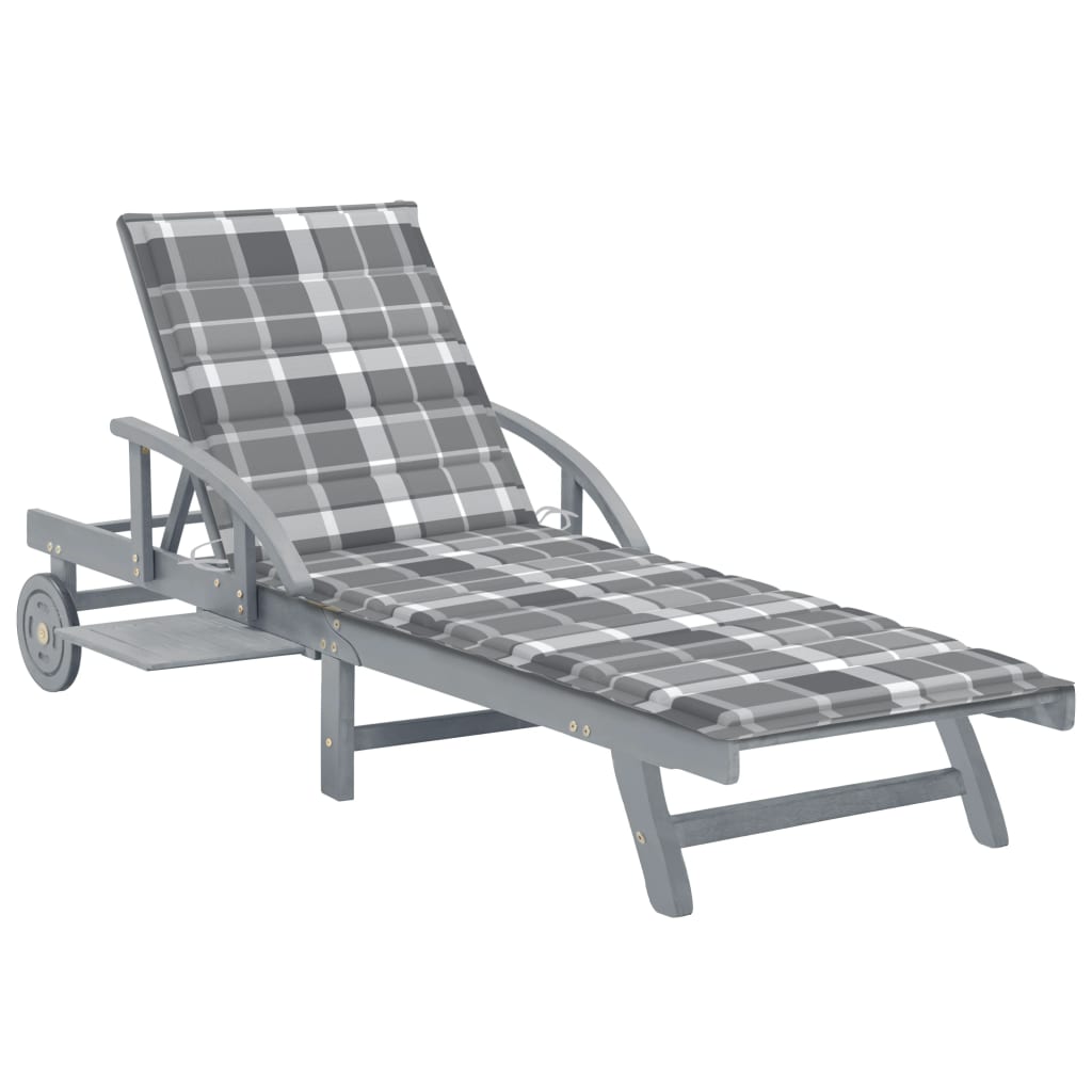 Sezlong de gradina cu perna cu model carouri vidaXL, Lemn de acacia, 200 x 68 x 30/86 cm, Gri