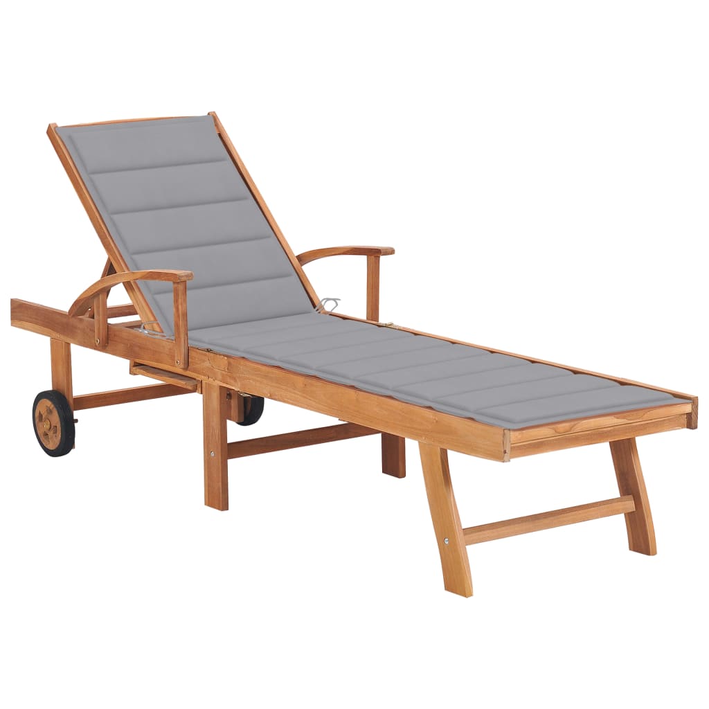 Sezlong de exterior cu perna colorata vidaXL, Lemn de tec, 195 x 59.5 x 35 cm, Gri