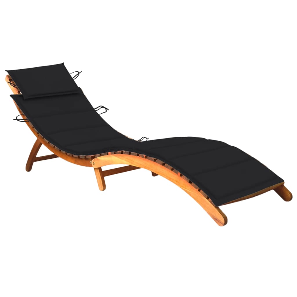 Sezlong de gradina pliabil cu perna vidaXL, Lemn de acacia, 184 x 55 x 64 cm, Maro/Negru
