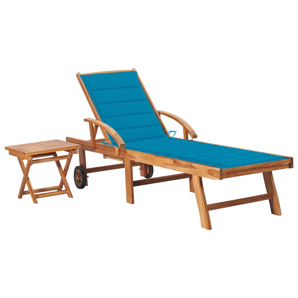 Set sezlong cu perna si masa, lemn masiv de tec 3063025 maro/albastru 195 x 59,5 x 35 cm