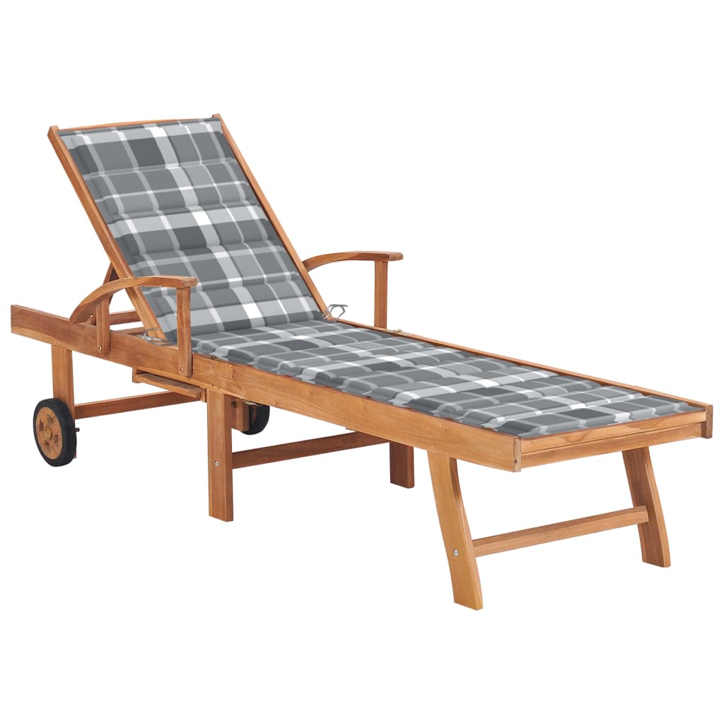 Sezlong de exterior cu perna cu model carouri vidaXL, Lemn de tec, 195 x 59.5 x 35 cm, Gri