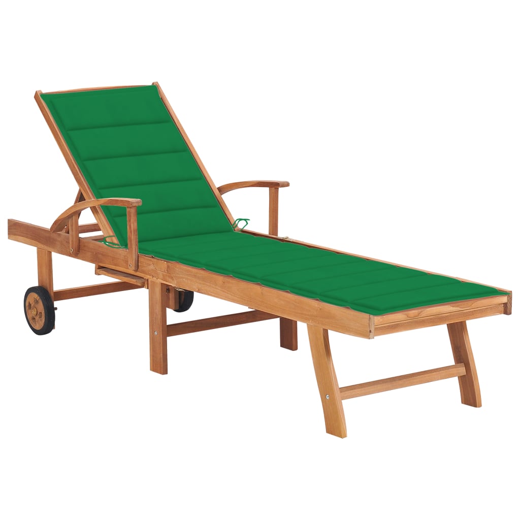 Sezlong de gradina din lemn de tec cu perna vidaXL, Lemn de tec, 195 x 59.5 x 35 cm, Maro/Verde