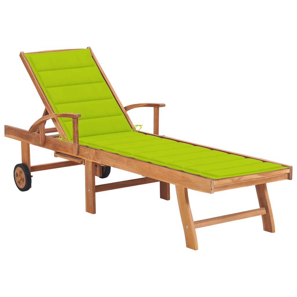 Sezlong de gradina din lemn de tec cu perna vidaXL, Lemn de tec, 195 x 59.5 x 35 cm, Maro/Verde deschis