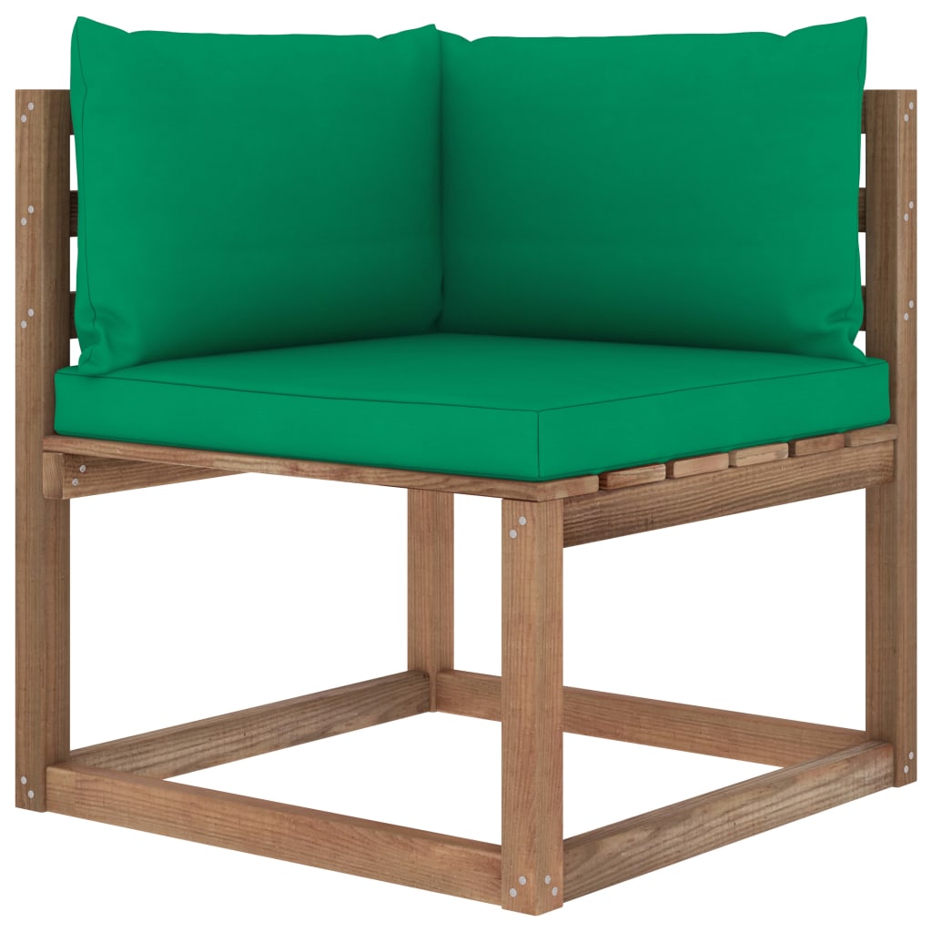 Canapea coltar de gradina, din paleti, vidaXL, Lemn de pin, 64 x 64 x 70 cm, Maro/Verde