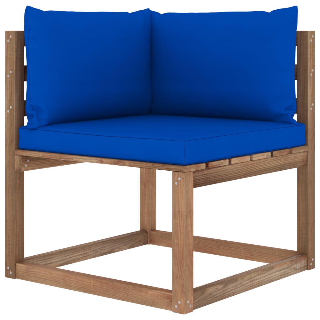 Canapea coltar de gradina, din paleti, vidaXL, Lemn de pin, 64 x 64 x 70 cm, Maro/Albastru