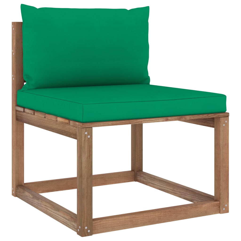 Canapea de mijloc de gradina, din paleti, cu perne, vidaXL, Lemn de pin tratat, 60 x 64 x 70 cm, Maro/Verde