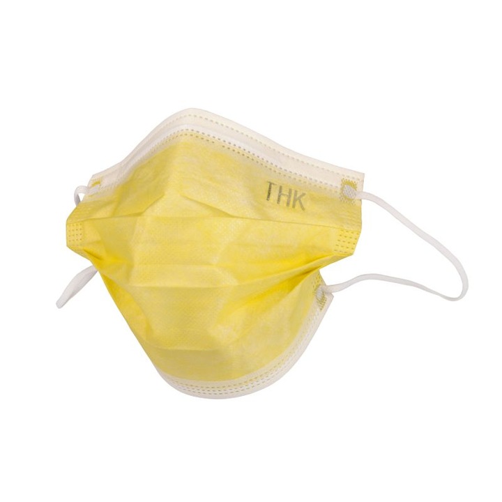 Комплект от 5 броя медицински маски за лице THK, Индивидуално опаковани, 3 гънки, 3 слоя, Жълт цвят