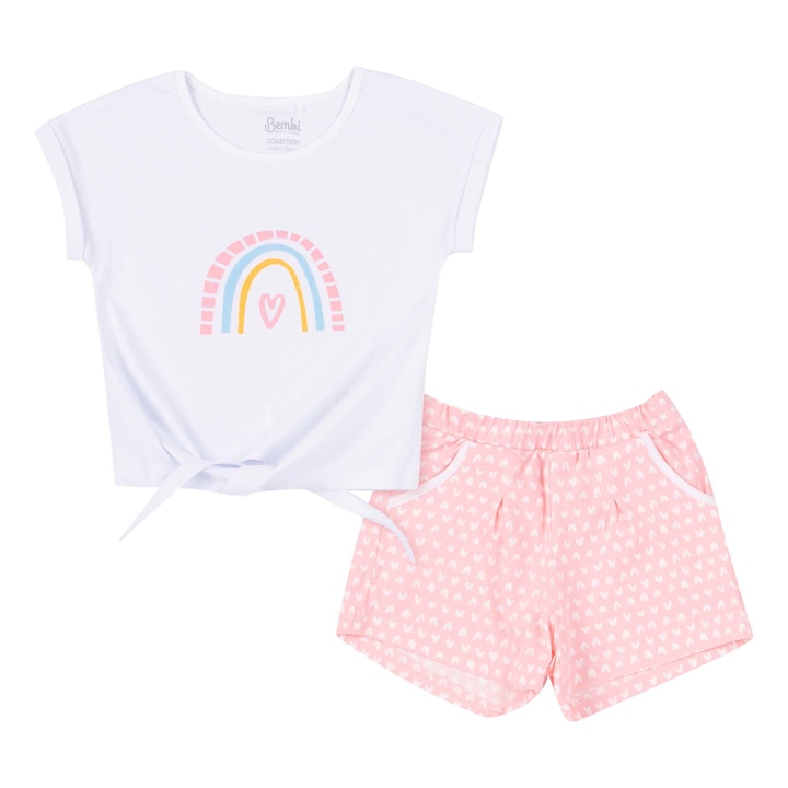 Komplett készlet, rövid ujjú póló és rövid zsebes nadrág, fehér/rózsaszín, Fehér/Rózsaszín