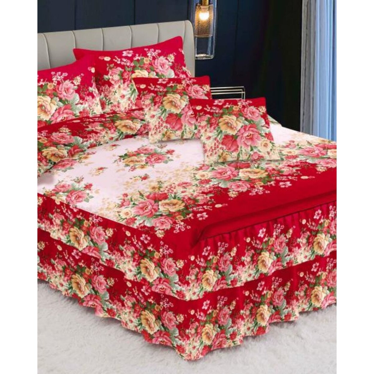 Lenjerie Finet Satinat cu Volanase, 6 Piese, Pat 2 Persoane, Flori Colorate, FNVC-94