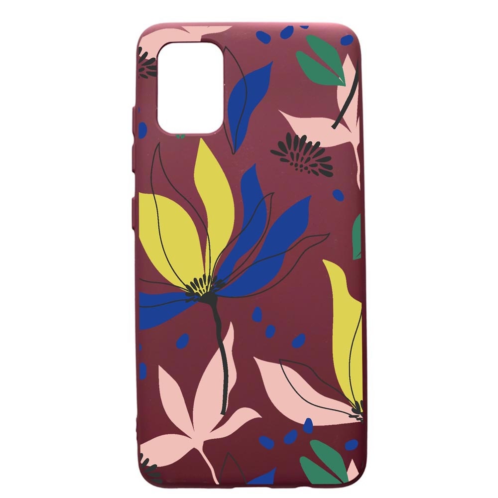 Husa Silicon Premium compatibila cu Samsung Galaxy A51, Flowers Pattern, cu interiorul din material textil, protectie camera, Burgundy, PBR754