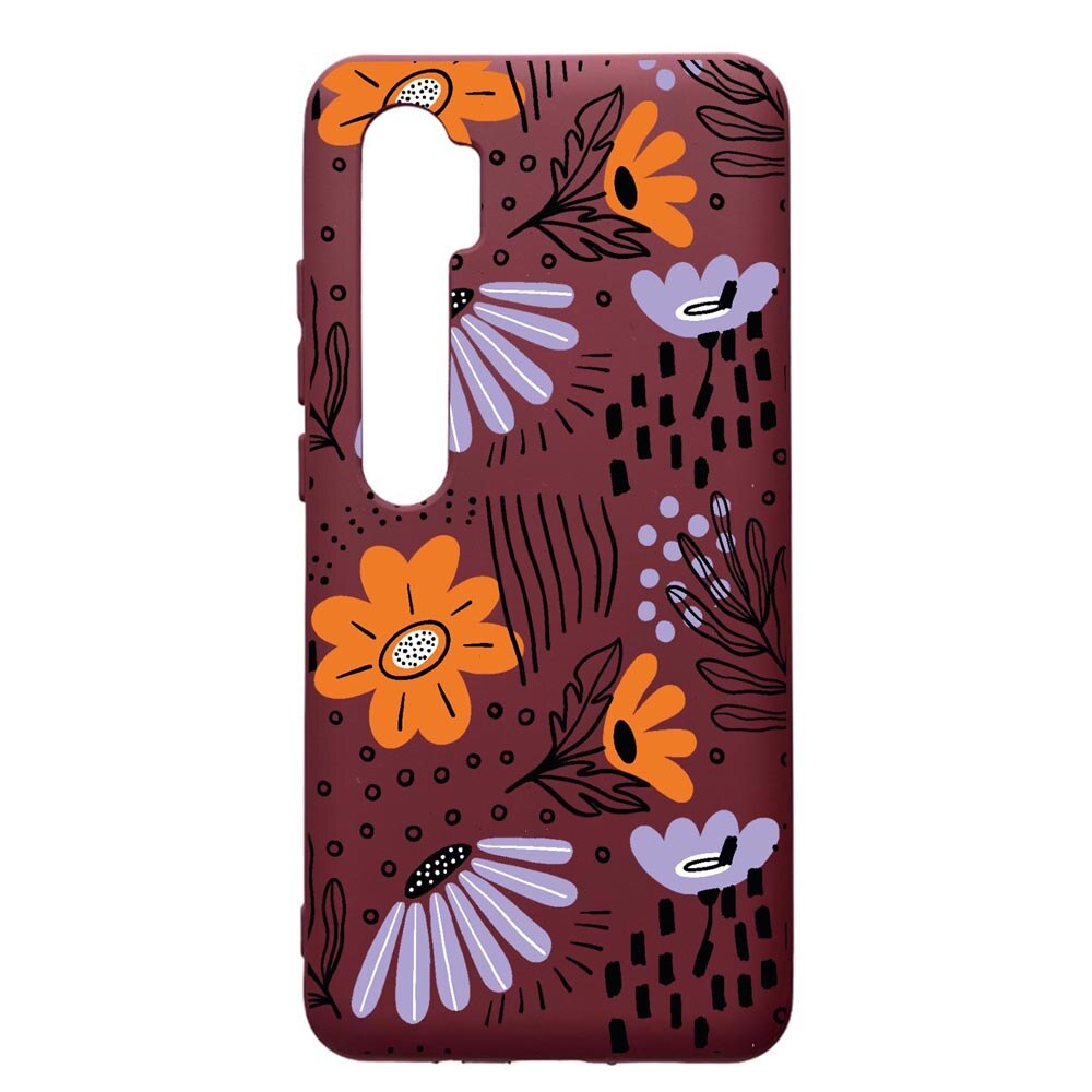 Husa Silicon Premium compatibila cu Xioami Mi Note 10, Flowers - Pastel Colors, cu interiorul din material textil, protectie camera, Burgundy, PBR757