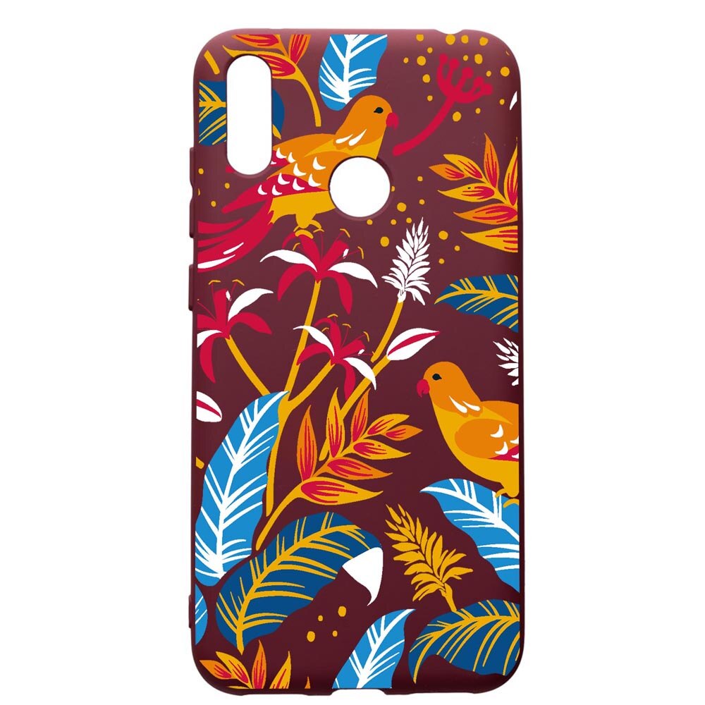 Husa Silicon Premium compatibila cu Huawei Y7 2019, Colored Birds, cu interiorul din material textil, protectie camera, Burgundy, PBR769