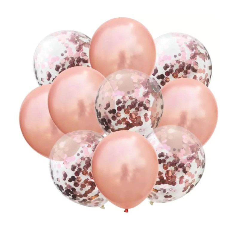 Set 10 baloane cu confetti, culoare rose gold, 30 cm