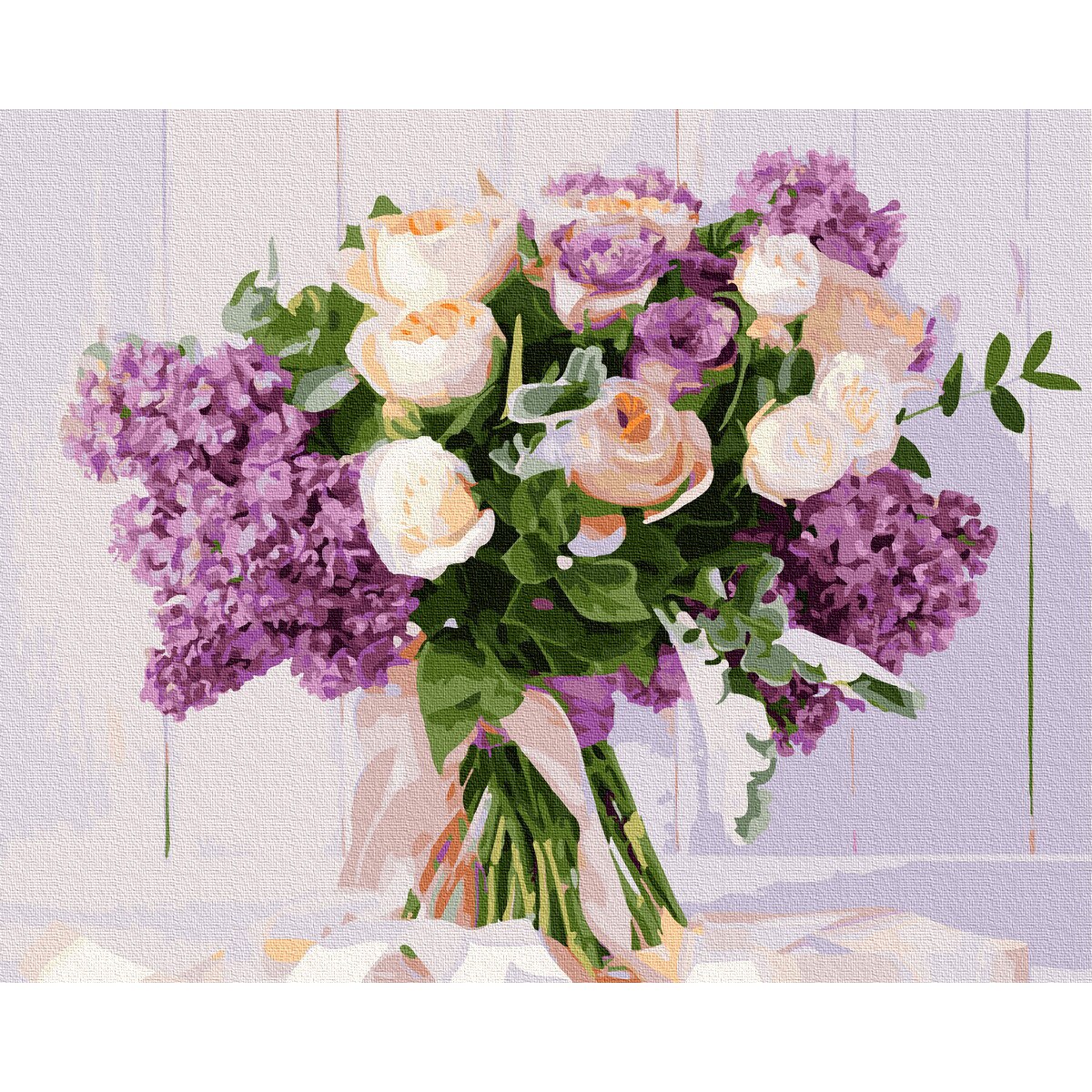 Set picturi pe numere, panza pe rama, Lilacs and Roses, 40x50cm, culori acrilice, pensule, panza incadrata pe o rama de lemn