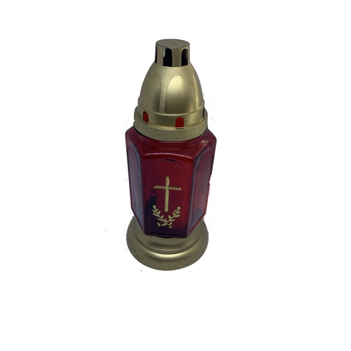 Candela de Sticla Rosie cu Capac, Model cu Cruce, Forma Hexagonala, 25 Ore Ardere