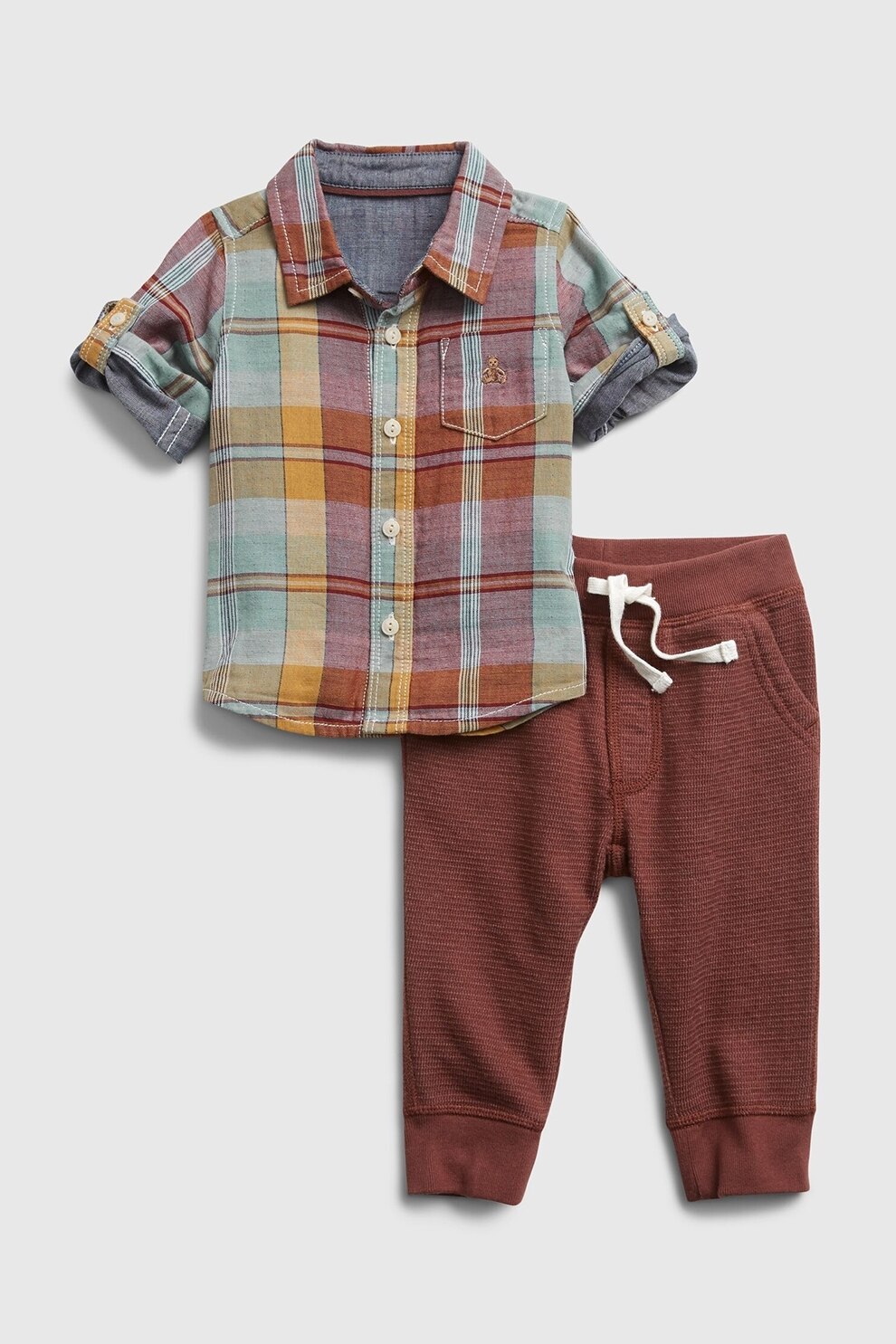 GAP, Set de camasa si pantaloni din bumbac, Rosu inchis/oranj/verde persan