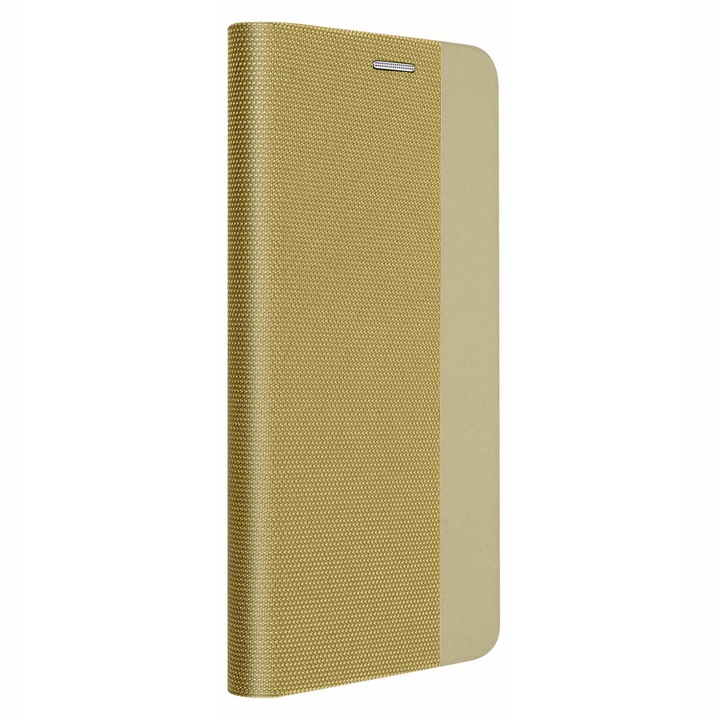 Калъф за Samsung Galaxy A11 - тип книга, магнитно закопчаване, вътрешен джоб, еко кожа и текстил - Gekko Senso, златен