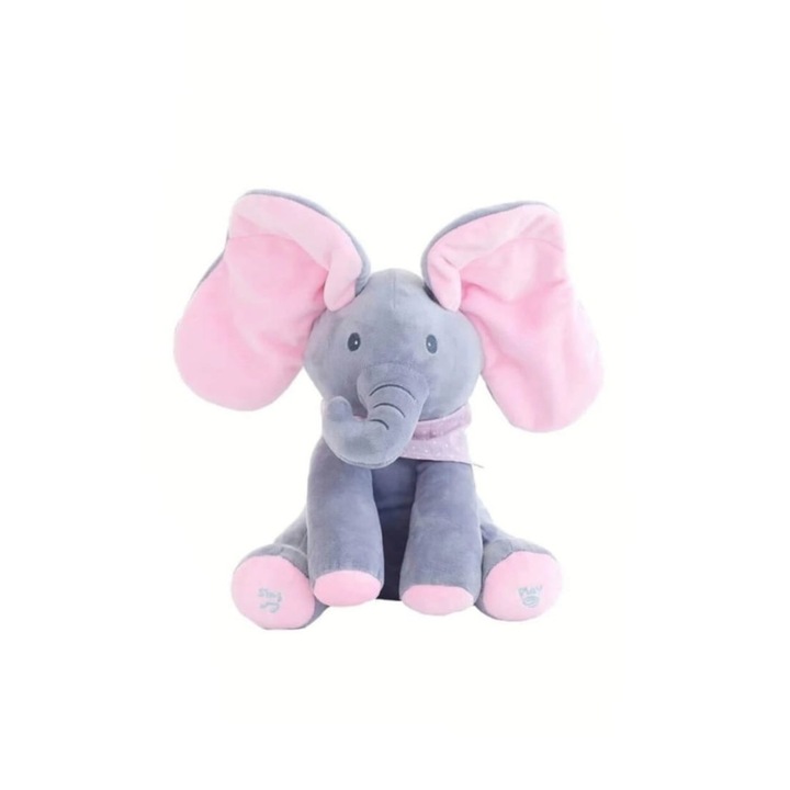 Elefant interactiv Cucu Bau , canta si vorbeste, isi acopera fata si urechile , 35 cm
