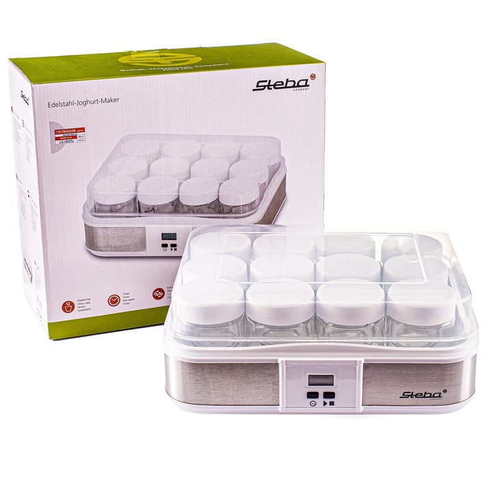 Aparat de preparat iaurt Steba, JM 2, volum 2.4 litri, carcasa otel inoxidabil, ecran LCD, curatare usoara, argintiu