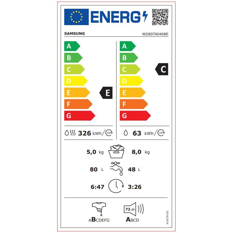 Masina de spalat rufe cu uscator Samsung WD80TA046BE/LE , 8 kg spalare, 5 kg uscare, 1400 rpm, Clasa C, Motor Digital Inverter, Eco Bubble, Bubble Soak, Steam, Airwash, Alb