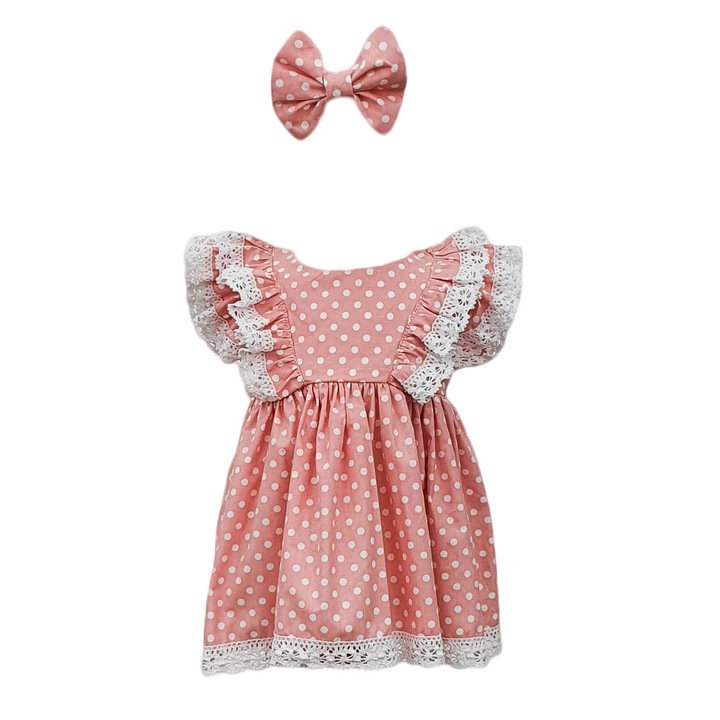Rochie botez cu maneca scurta, 2 piese, culoare roz, varsta 9 luni